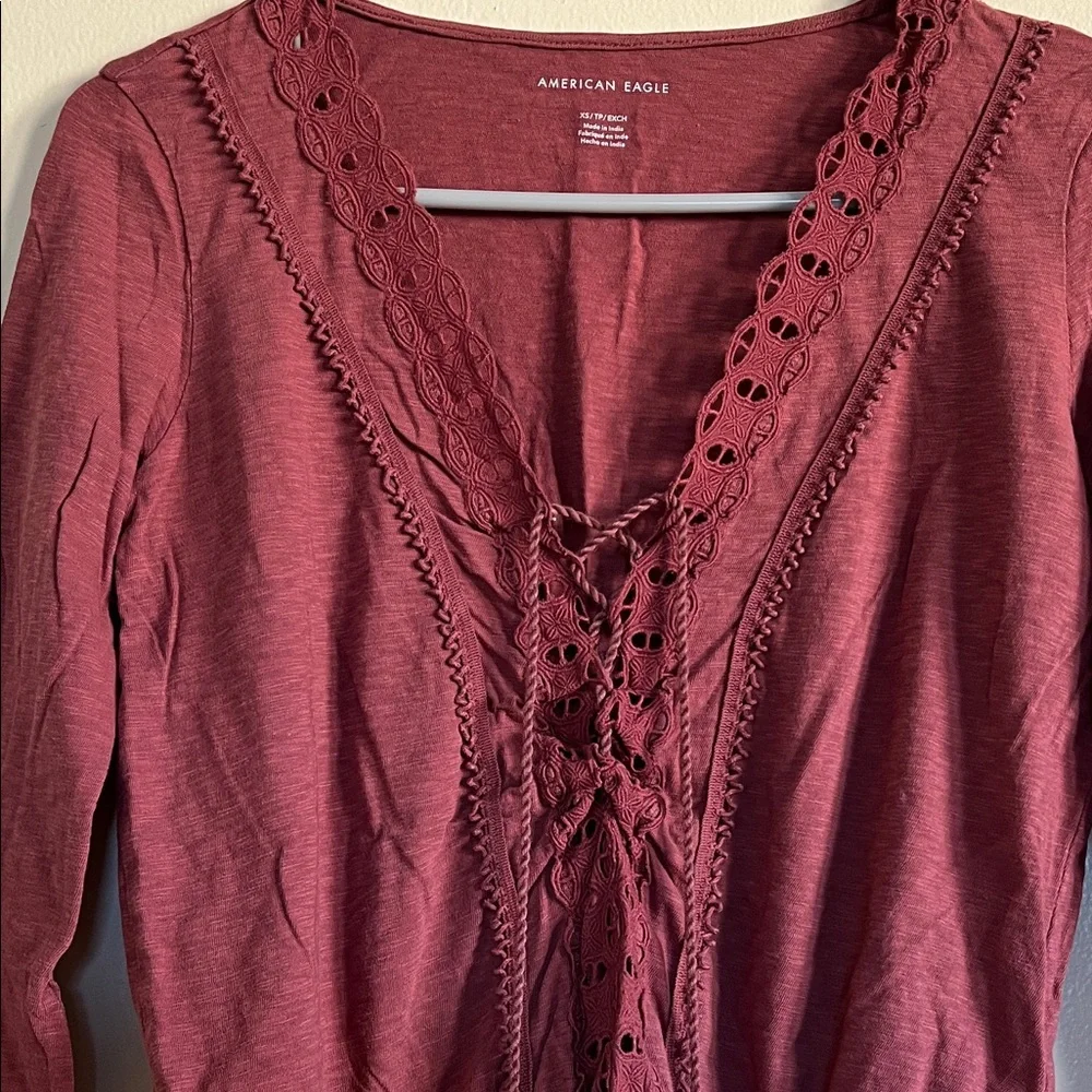 American Eagle Outfitters Maroon Lace-Up Blouse